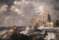 A Dutch threemaster and a wijdschip offshore in a gale, a fortified castle beyond - Bonaventura, the Elder Peeters