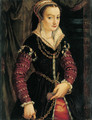 Portrait of a lady, traditionally identified as Madame Nobel, three-quarter-length, in a black dress with embroidered red sleeves - Bolognese School