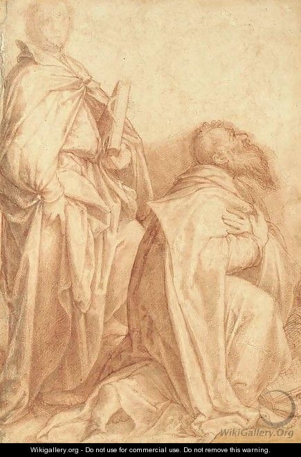 A standing saint holding a book and a bearded saint kneeling and looking up to the left - Florentine School