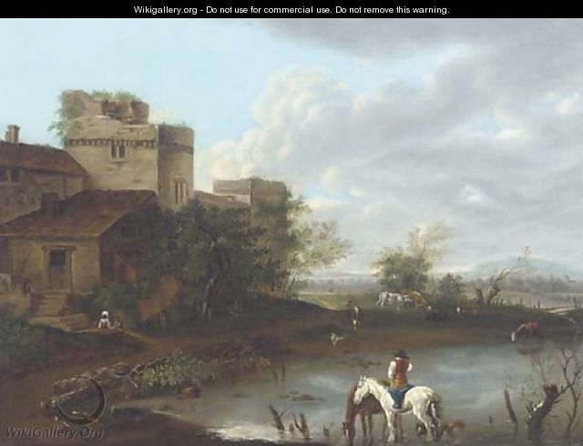 Figures, horses and cattle in an extensive landscape below a ruined fortress - Flemish School
