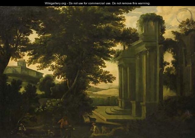 Shepherds by a classical ruin in an Italianate landscape - (after) Jakob Philippe Hackert