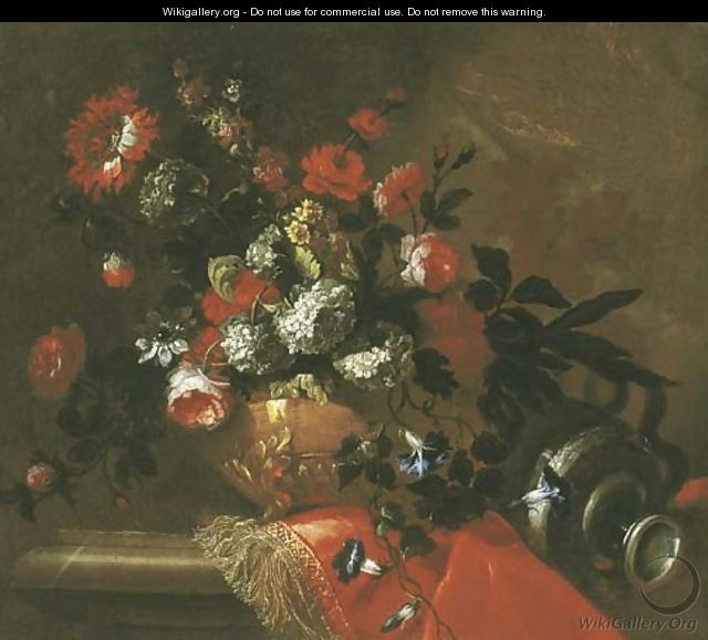 Flowers in a sculpted vase on a draped ledge - (after) Jean-Baptiste Monnoyer