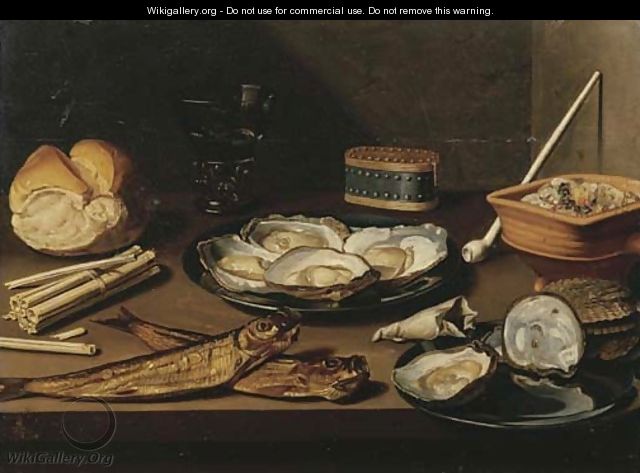 Pewter plates with opened oysters, two mackerel, a bun, oyster shells, a bag of tobacco, matches, a white clay pipe, a berkemeier of white wine - Floris Gerritsz. van Schooten