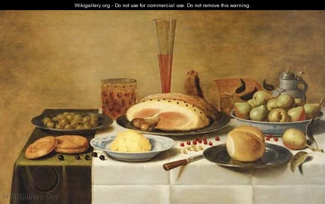 Mulberries, a ham and a bun on pewter plates, butter and pears on porcelain dishes with a beerglass, a flute and a knife on a draped table - Floris Gerritsz. van Schooten