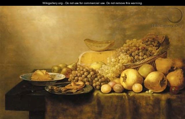 Grapes in a basket, with pears, plums, cheese, butter in a porcelain dish, pastries on a pewter dish and a knife on a partially draped table - Floris Gerritsz. van Schooten