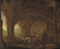 A traveller among classical ruins in a grotto - (after) Abraham Van Cuylenborgh