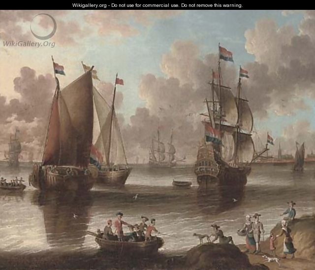 A Dutch warship and fishing vessels in a calm - (after) Abraham Storck