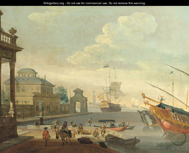 A Capriccio of a Mediterranean harbour with galleys and a merchantman - (after) Abraham Storck