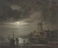 Figures on the bank of a river, by moonlight - (after) Abraham Pether