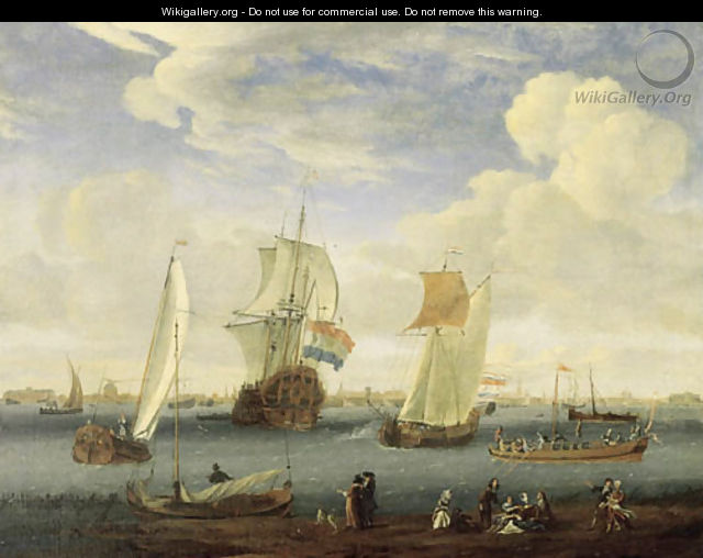 A view of the IJ, Amsterdam, with elegant couples having a picknick on the shore in the foreground - (after) Abraham Jansz. Storck