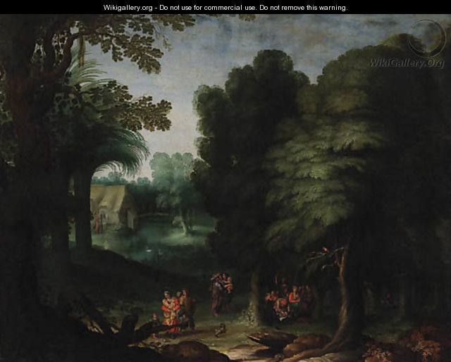 A wooded Landscape with Peasants feasting in a Clearing - (after) Abraham Govaerts