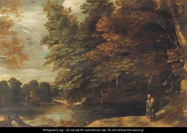 A river landscape with a fisherman on a path at the edge of a wood - (after) Abraham Govaerts