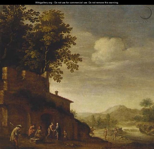 Peasants resting and dancing with a piper before a ruin - (after) Abraham Bloemaert