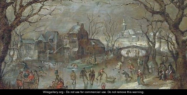 A winter townscape with skaters on a frozen lake - (after) Abel Grimmer
