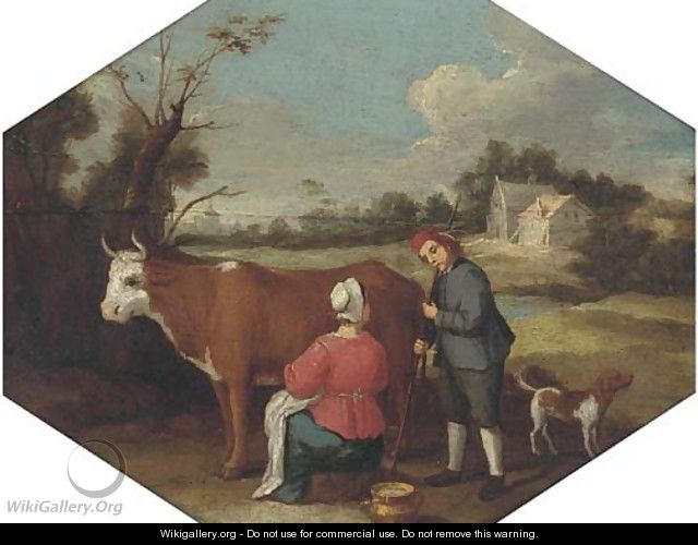 A milkmaid milking a cow with a farmhand in a landscape - (after) Adriaen Van De Velde
