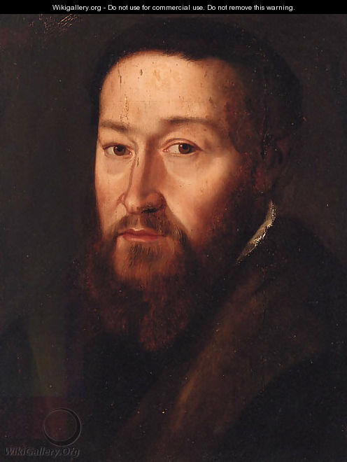 Portrait of a gentleman, head and shoulders, in a black jacket with a fur collar - (after) Adriaen Thomas Key