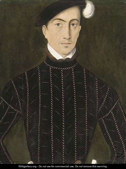 Portrait of a gentleman, half-length, in a slashed black coat and plumed black hat - (after) Adriaen Thomas Key