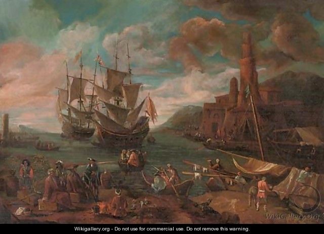 A Mediterranian coastal scene with figures disembarking from a ship and a town beyond - (after) Adriaen Manglard