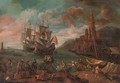 A Mediterranian coastal scene with figures disembarking from a ship and a town beyond - (after) Adriaen Manglard