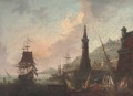 A Mediterranean harbour with elegant company and merchants by a lighthouse, shipping beyond - (after) Adriaen Manglard
