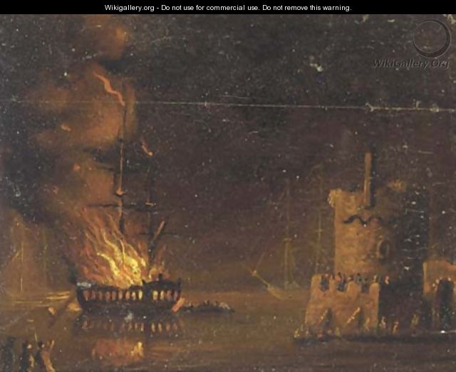 A ship on fire, by night - (after) Adriaen Lievensz Van Der Poel