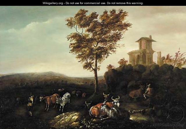 Cowherds by a classical ruin, in an Italianate landscape - (after) Adriaen Van De Velde