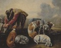 A hunter leashing his hounds - (after) Adriaen Cornelisz. Beeldemaker