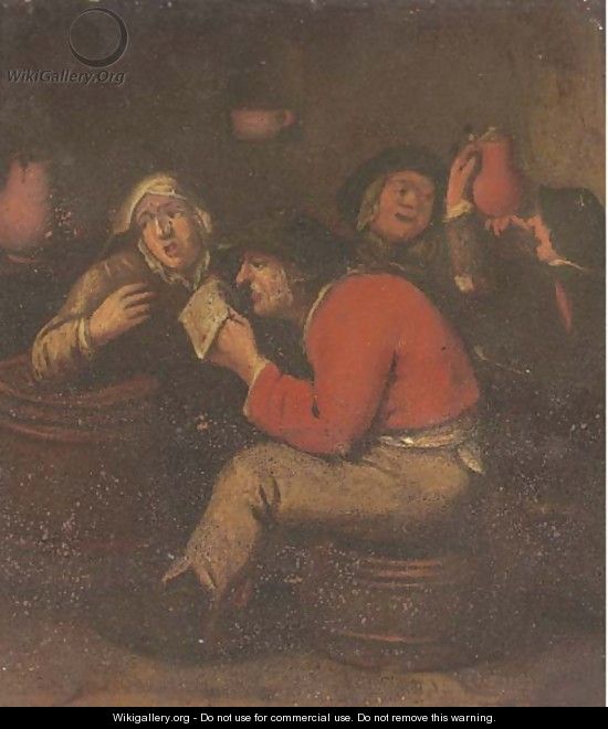 Peasants drinking and merrymaking in an interior - (after) Adriaen Brouwer