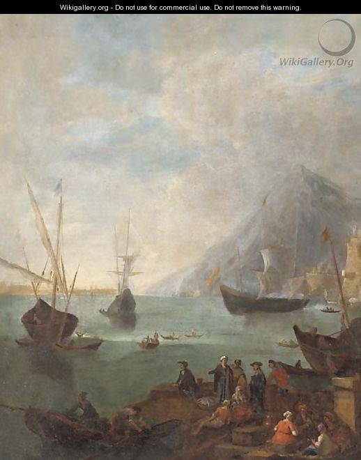 A Mediterranean coastal landscape with fishermen and other figures in the foreground - (after) Adrian Van Der Cabel