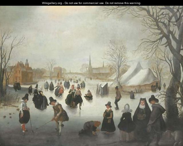 A winter landscape with elegant figures skating and playing kolf on a frozen river, a town beyond - (after) Adam Van Breen