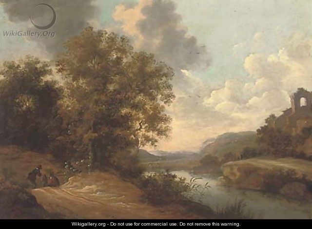 Figures on a path in a river landscape with a hilltop ruin beyond - (after) Adam Pynacker