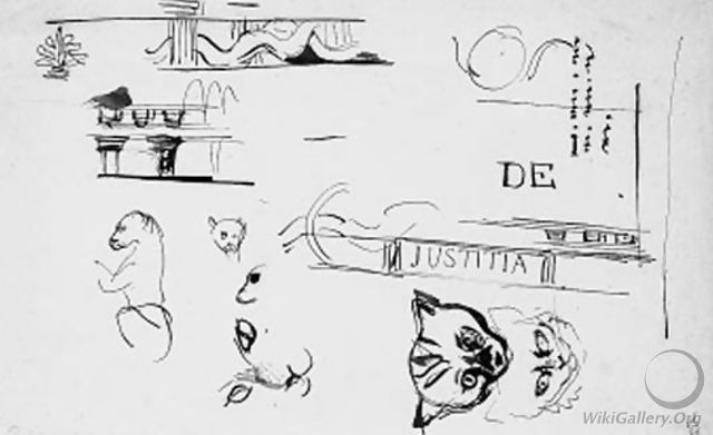 A sheet of studies of the heads of cats, architectural motifs and after the antique decoration for the Chambre de Deputes, Paris - Eugene Delacroix