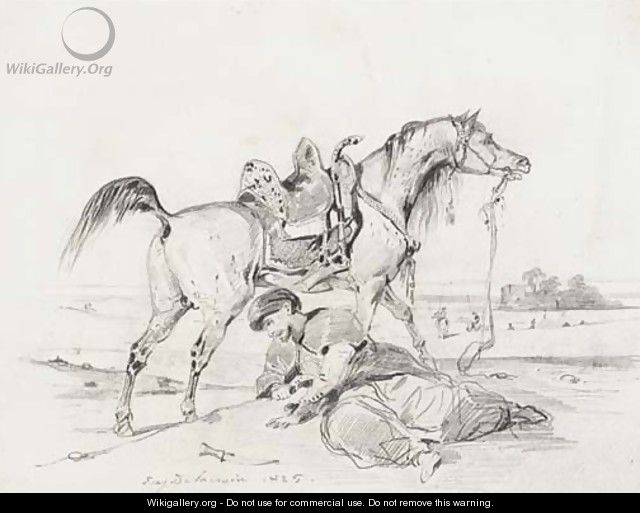 A stallion in profile to the right, an arab crouching in the foreground - Eugene Delacroix