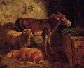 A donkey and sheep in a barn - Filippo Palizzi