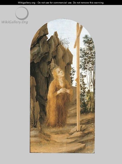 The Penitent Mary Magdalen adoring the True Cross in a rocky landscape - Filippino Lippi