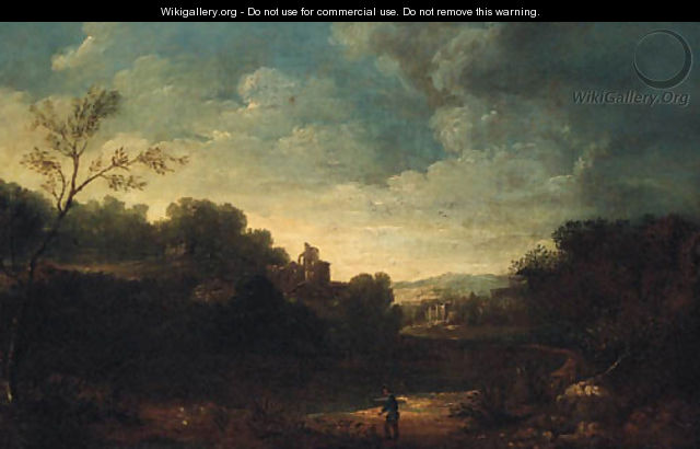 An extensive landscape with a peasant on a track, a ruin beyond - Flemish School