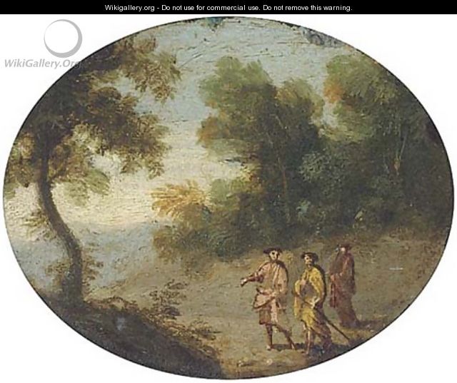A wooded landscape with travellers on a path - Flemish School