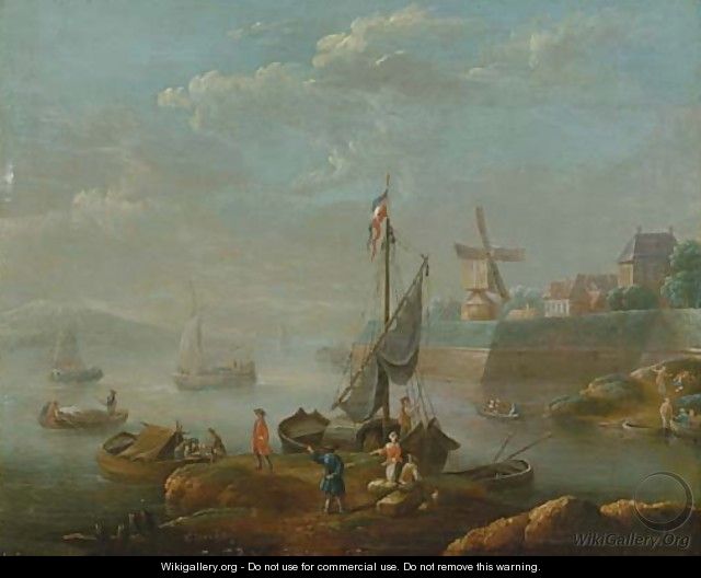 A river estuary with boats, a windmill beyond - Flemish School