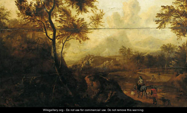 Travellers on a track by a hillside town - Flemish School