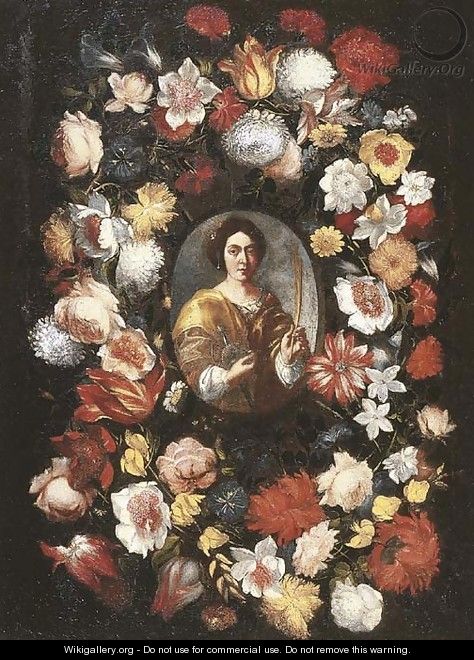 Roses, tulips, narcissi, carnations and other flowers in a garland surrounding a medallion of a female Saint - Flemish School