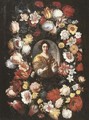 Roses, tulips, narcissi, carnations and other flowers in a garland surrounding a medallion of a female Saint - Flemish School