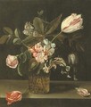 Roses, tulips and other flowers in a glass vase - Flemish School
