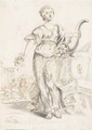 Fortune holding a cornucopia in a landscape, with figures in the background, a pomegranate to the right 2 - Flemish School