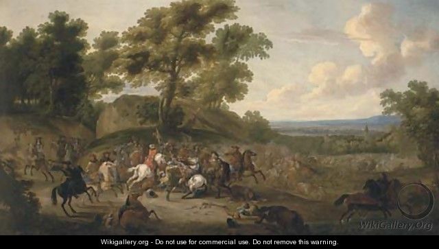 An extensive landscape wtih a cavalry battle, a church beyond - Flemish School