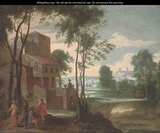 A wooded landscape with figures by a country house - Flemish School