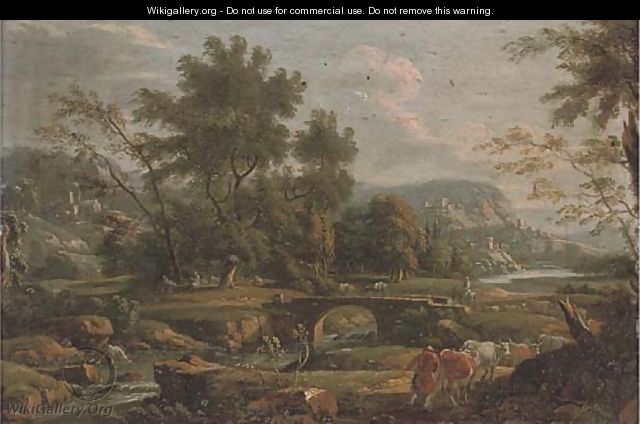 A river landscape with a drover and his cattle, a bridge and town beyond - Flemish School