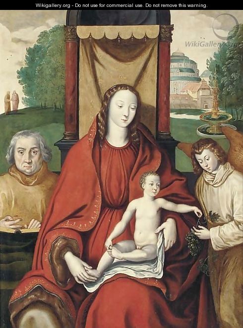 The Virgin and Child with an angel and a donor, a castle beyond - Flemish School