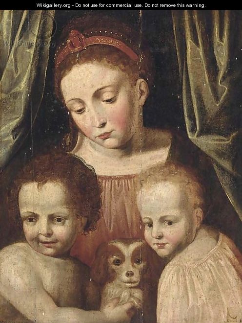 A woman and two children with a dog - Flemish School