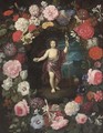 Saint John the Baptist in a floral cartouche - Flemish School