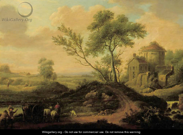 Travellers on a path by a mansion in a landscape, at sunset - Flemish School